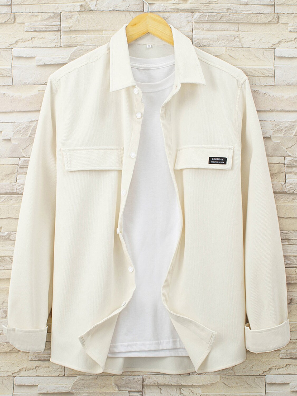 

Мужская рубашка Hypemode, вышитые буквы, вельветовые детали, без футболки Manfinity, кремовый/бежевый