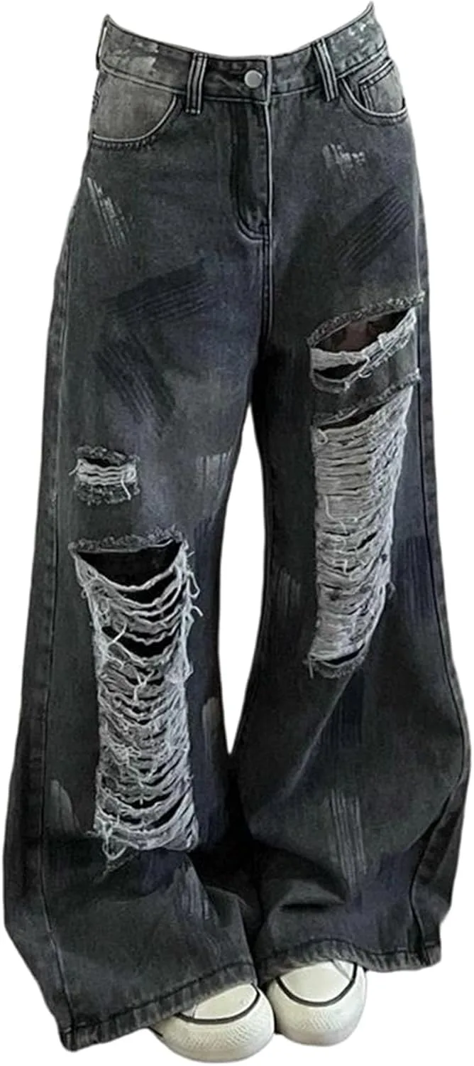 Женские джинсы Mid Waist Baggy Denim Pants с Button Fly и потертостями