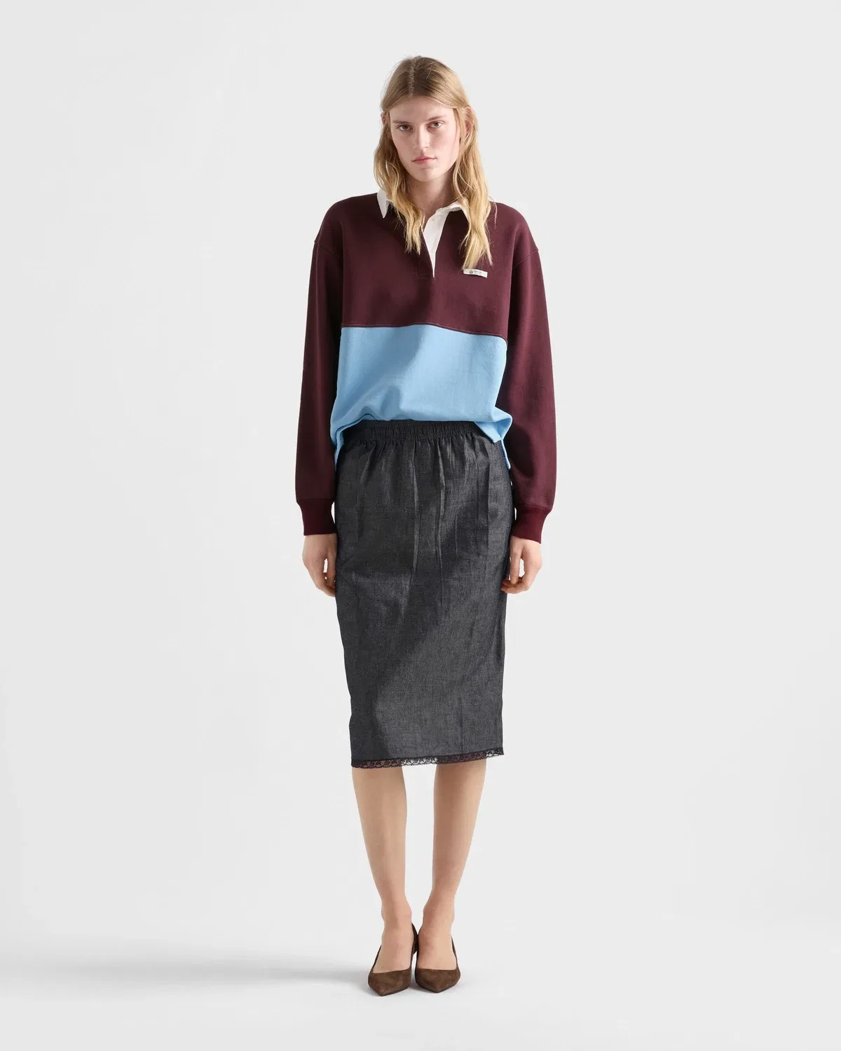 Поло с длинными рукавами из хлопкового флиса Prada, бордовый — фото 2