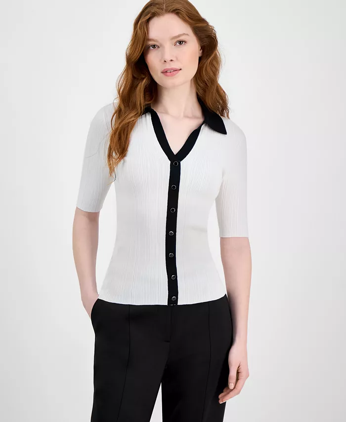 

Женский свитер с разрезом на горловине и контрастной отделкой T Tahari, белый