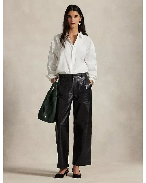 Кожаные широкие укороченные брюки-рика Ralph Lauren, Black — фото 2