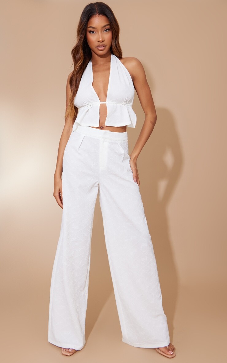 

PrettyLittleThing Белые жаккардовые брюки с завышенной талией и цветочным принтом розы, Белый, PrettyLittleThing Белые жаккардовые брюки с завышенной талией и цветочным принтом розы