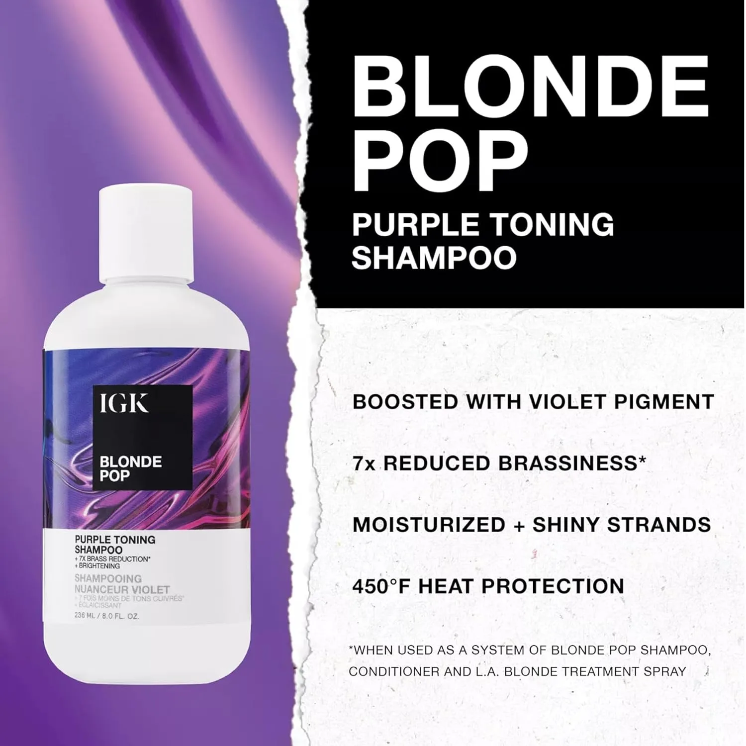 IGK BLONDE POP Purple Shampoo, нейтрализует желтизну и осветляет блонд, тонирующий шампунь для мелированных, обесцвеченных и окрашенных волос, веганский и cruelty free, 1000 мл 958.23 г (.), purple — фото 4