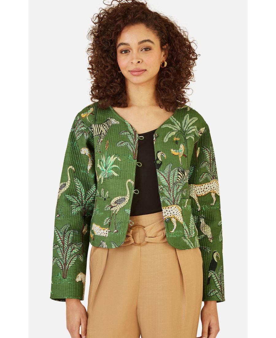 

Женская двусторонняя укороченная стеганая куртка с анималистическим принтом Yumi, Green