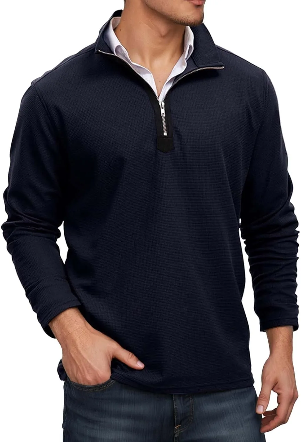 

Мужской зимний вязаный свитер с четвертью молнии