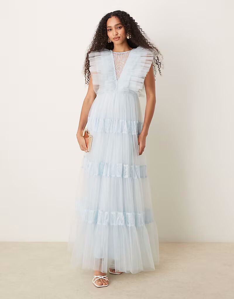 

Платье макси из тюля с кружевными вставками Lace & Beads светло-голубого цвета