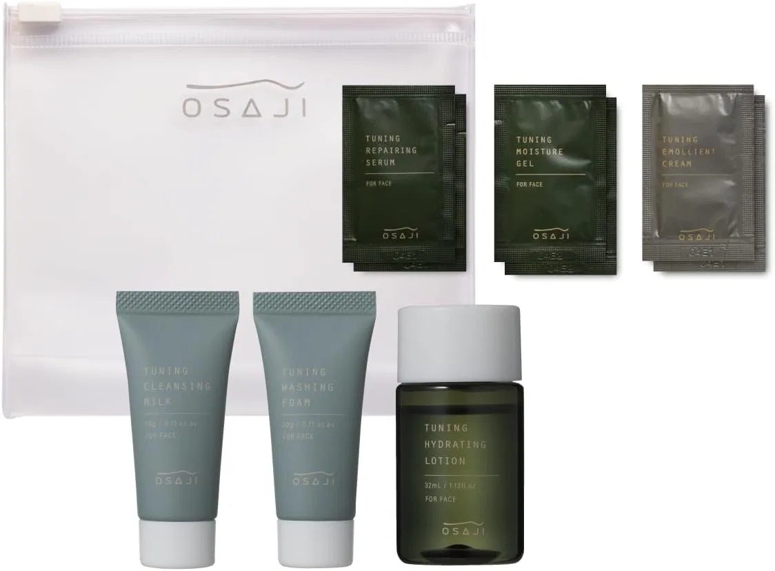 Набор пробников ухода за кожей Tuning Skincare Trial Set OSAJI, 5 средств, с косметичкой, аромат древесный