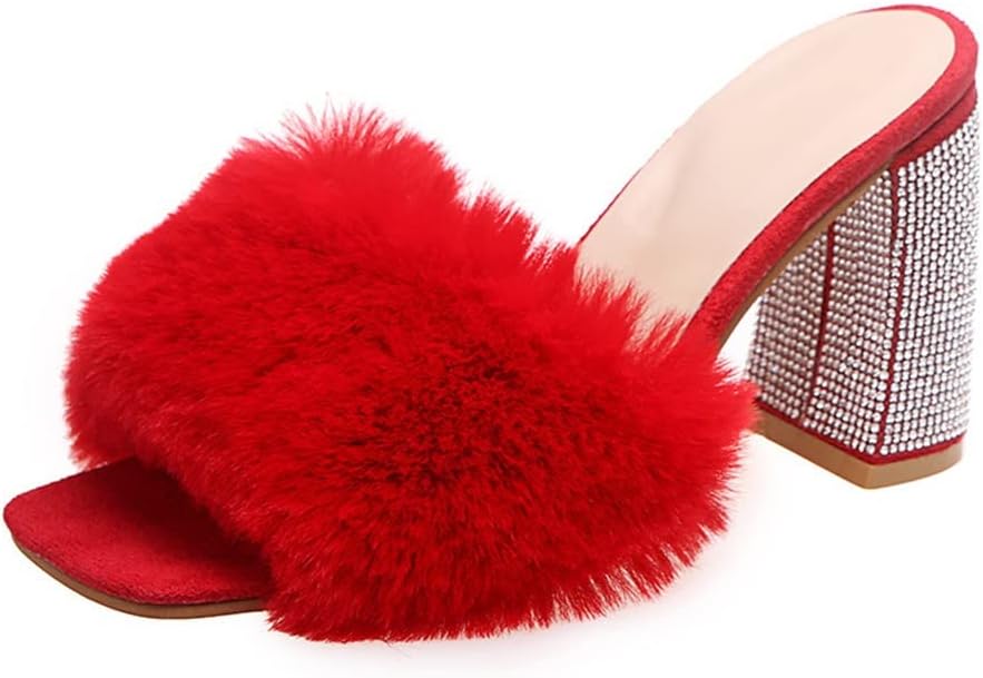 

HOTRA Women Fluffy Chunky Heel Slippers with Rhinestone Open Toe Slip On Сандалии Shoes (Color : Rose Red, Size : 12 US), красный