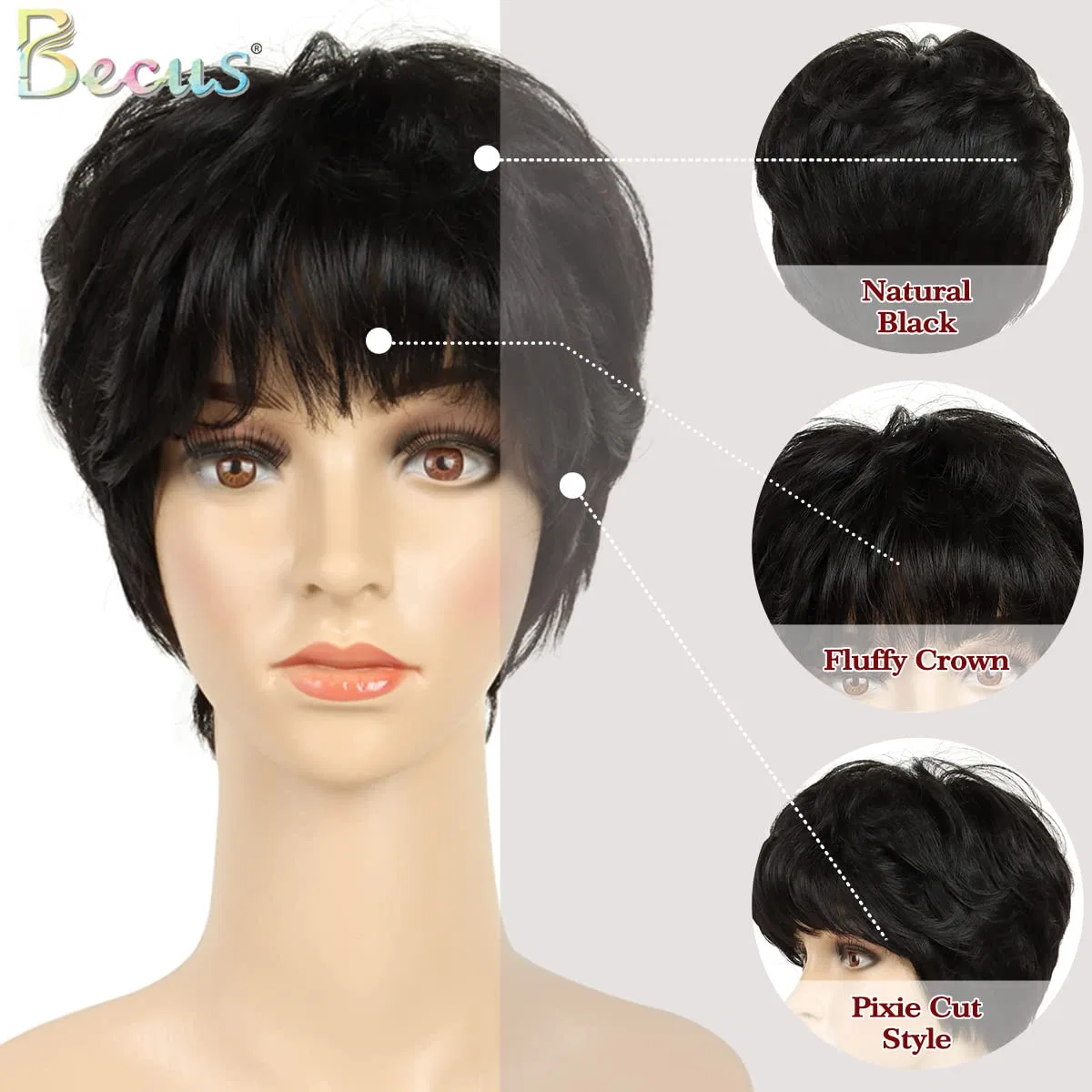 Короткий женский парик BECSU Pixie Cut с челкой, натуральный черный Becus, Black Wig — фото 3