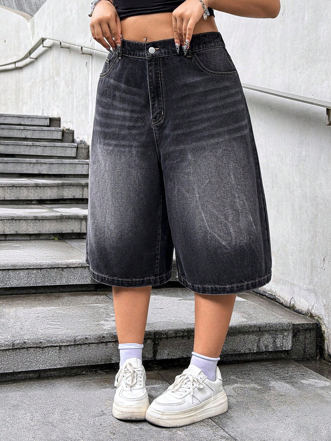 

EZwear Укороченные Широкие джинсы больших размеров, Повседневные и Свободные Shein, черный