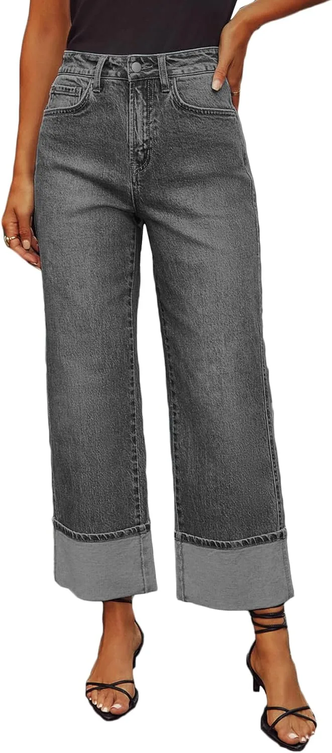 

LAJIOJIO Прямые джинсы для женщин с высокой посадкой и подвернутым подолом