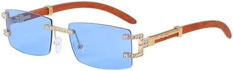 

Солнцезащитные очки без оправы с бриллиантами для женщин, винтажные маленькие прямоугольные солнцезащитные очки для мужчин, очки без оправы для мужчин и женщин MTZJH, C4blue