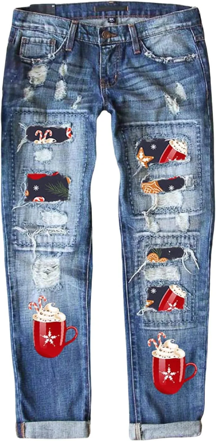 Джинсы рваные boyfriend, Patchwork, Blue-b