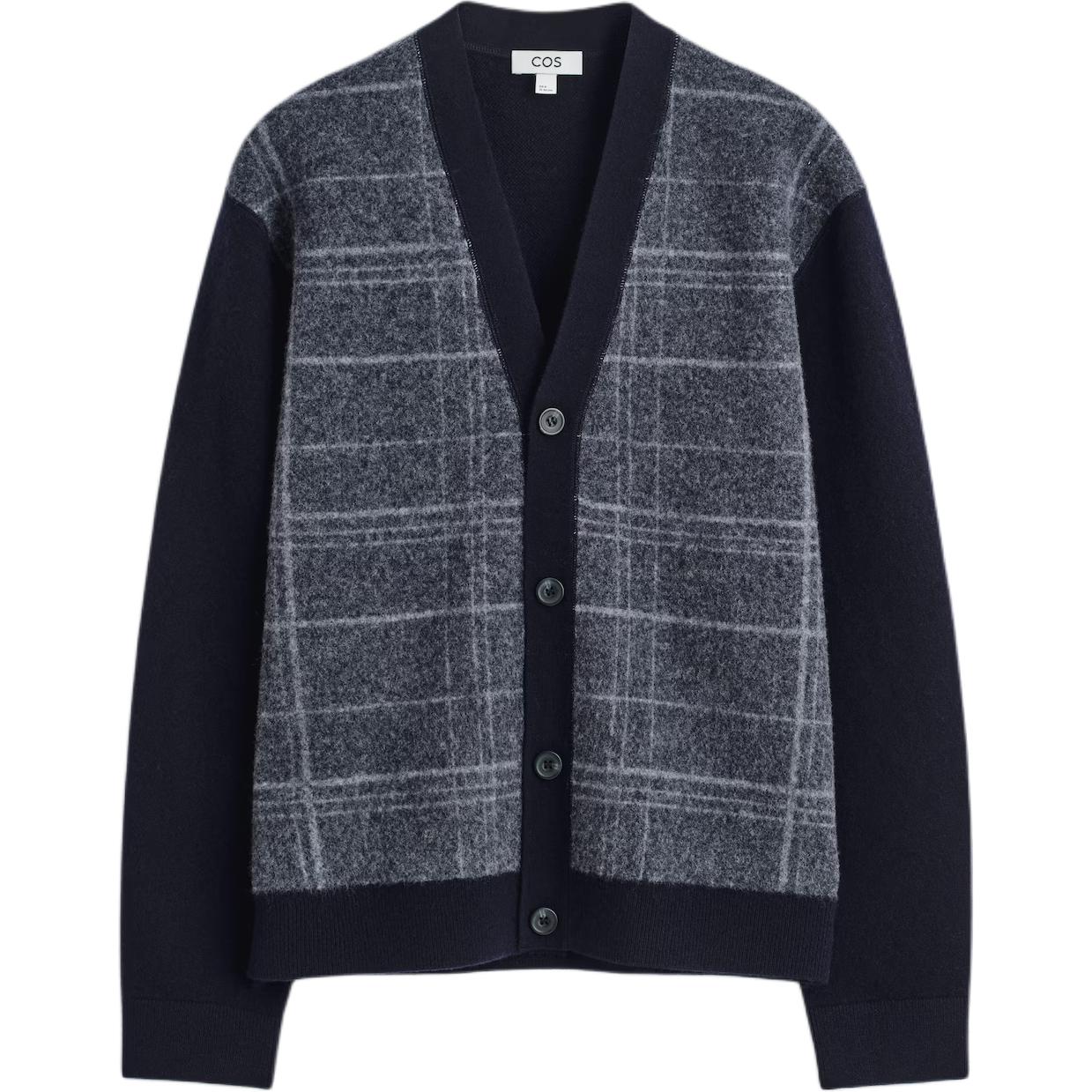 

COS Мужской трикотажный кардиган средней длины с V-образным вырезом, темно-синего цвета в клетку
