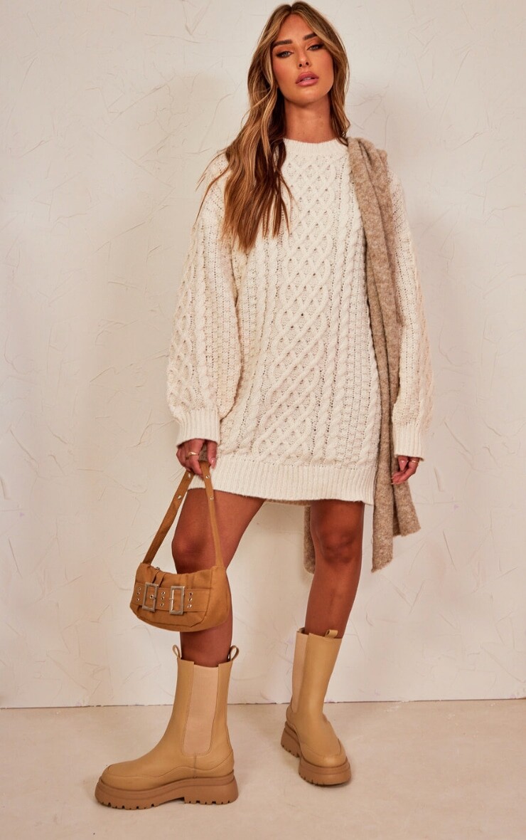 

PrettyLittleThing Кремовое платье-джемпер массивной вязки косой вязки, Бежевый, PrettyLittleThing Кремовое платье-джемпер массивной вязки косой вязки