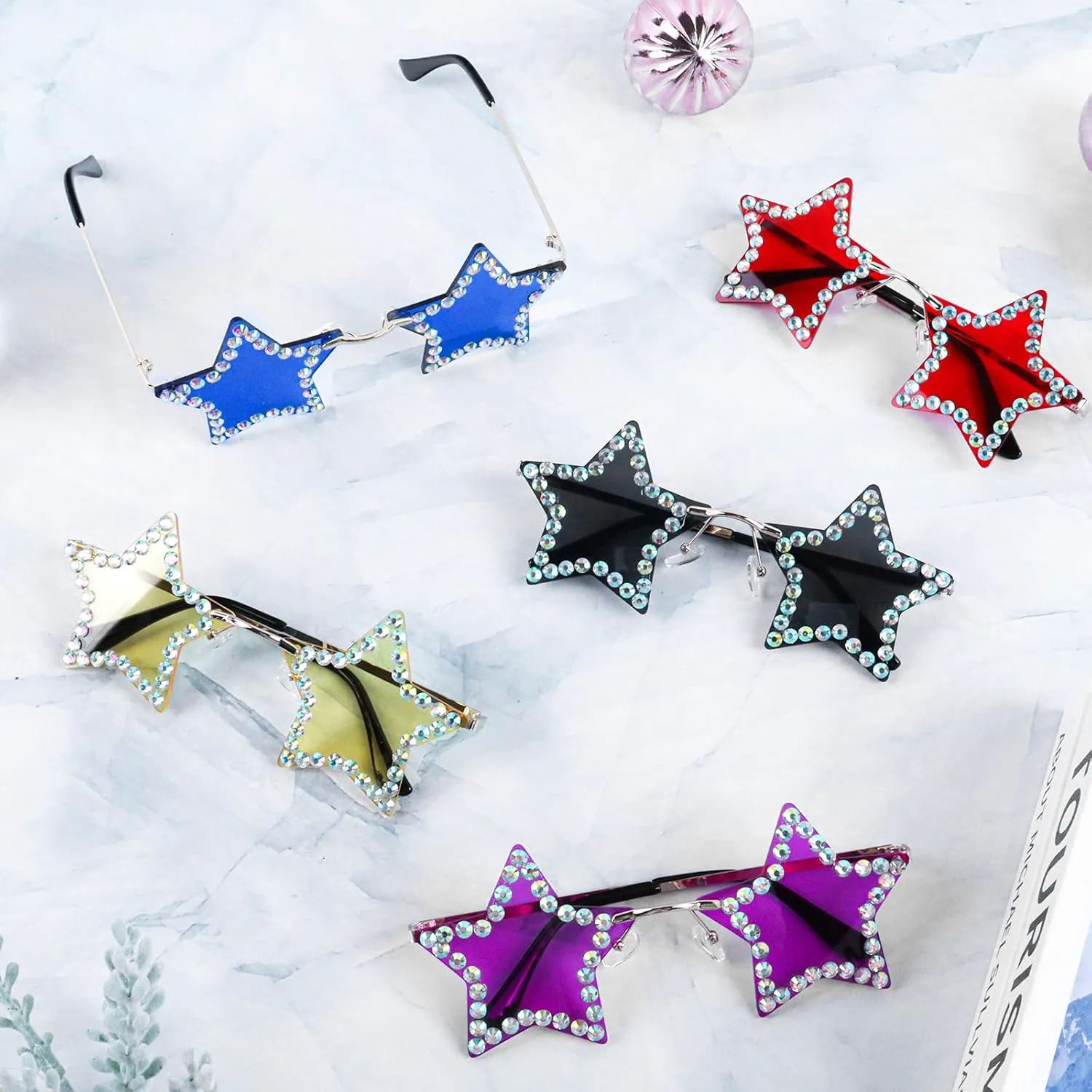 

Солнцезащитные очки без оправы в форме звезды, модные очки для женщин и мужчин, для вечеринок, Рождества, косплея, очки с пентаграммой Klfoho, Blue/Rhinestone