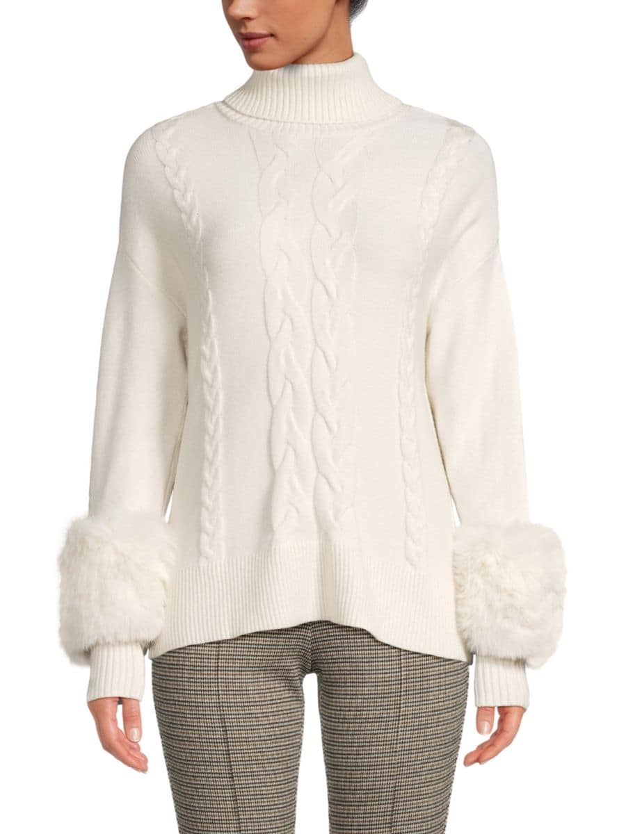 

Свитер косовой вязки с отделкой из искусственного меха Saks Fifth Avenue, цвет Frost White
