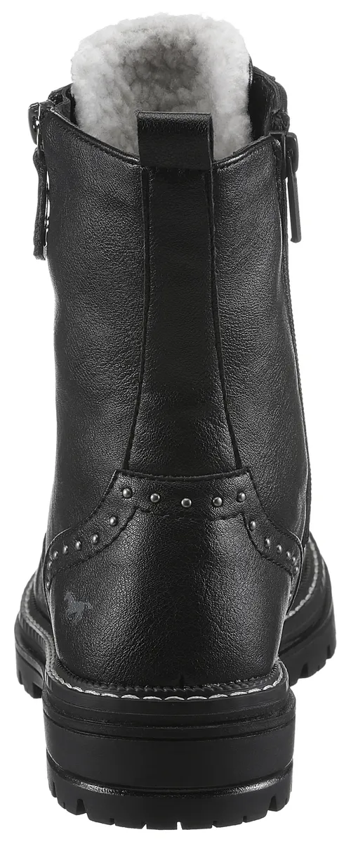 Зимние ботинки Mustang Shoes, блочный каблук, зимние ботильоны, ботинки на шнуровке, заклепки и декоративные швы, черный — фото 2