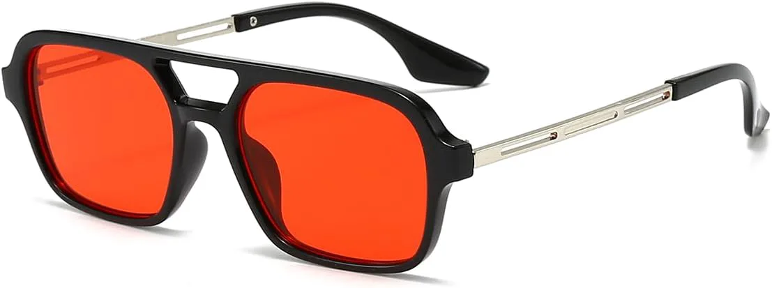 

Ретро квадратные солнцезащитные очки-авиаторы для женщин и мужчин, маленькая оправа, модные пластиковые цветные очки в стиле 70-х годов Azoxus, Black Frame/Red Lenses