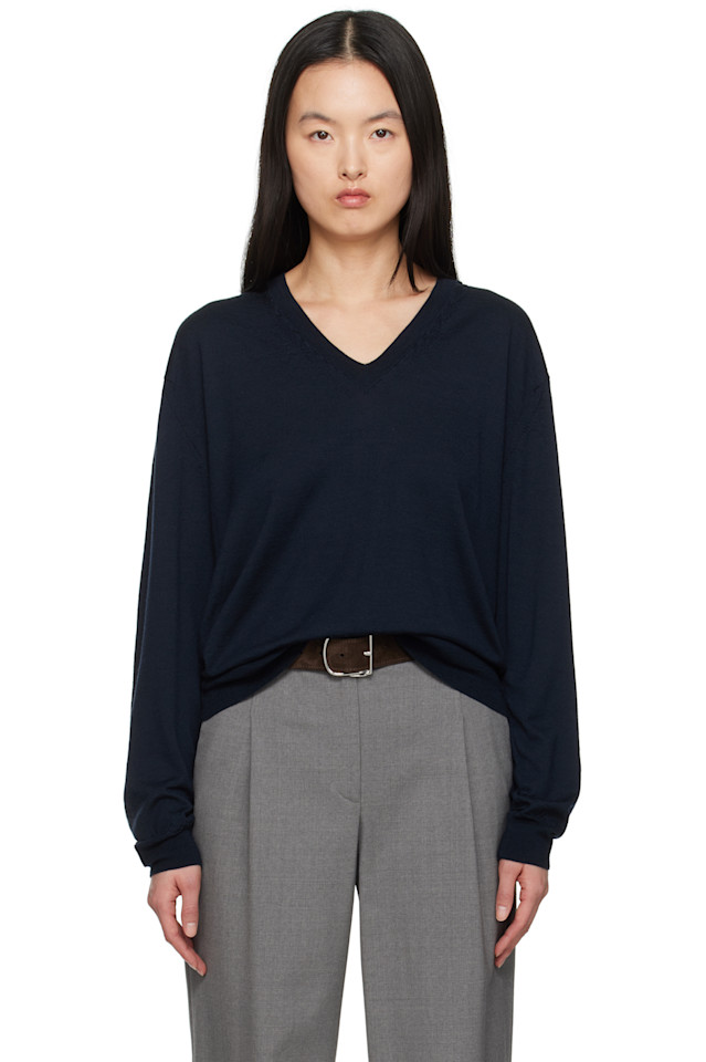 

Вязаный свитер с V-образным вырезом из окрашенной шерсти Auralee, синий