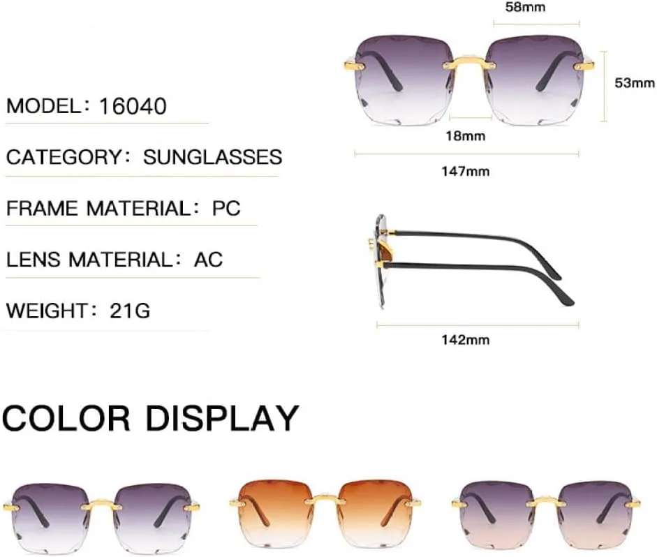 

Солнцезащитные очки 2027 года для женщин, женские безободковые солнцезащитные очки с алмазной огранкой линз, оттенки «океан», винтажные женские очки MTZJH, 7