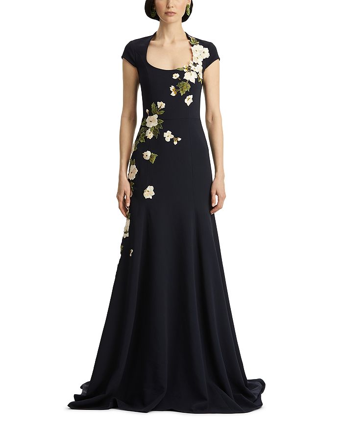 

Короткое платье с вышивкой цветущей сакуры Oscar de la Renta, синий