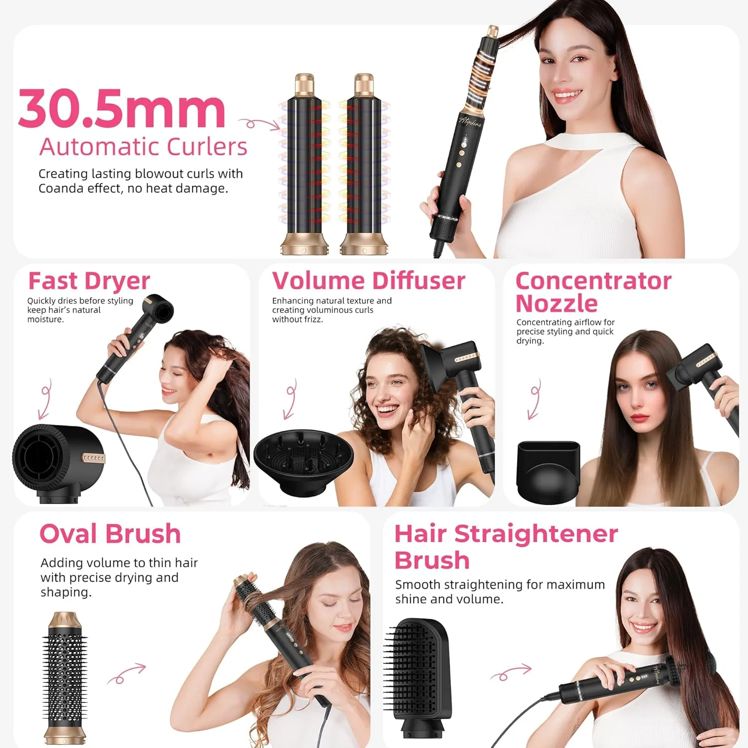 Набор для укладки волос Atopskins 7-в-1 Air Styler, 110 000 об/мин, 1400 Вт Atopskins, Black-Gold — фото 2