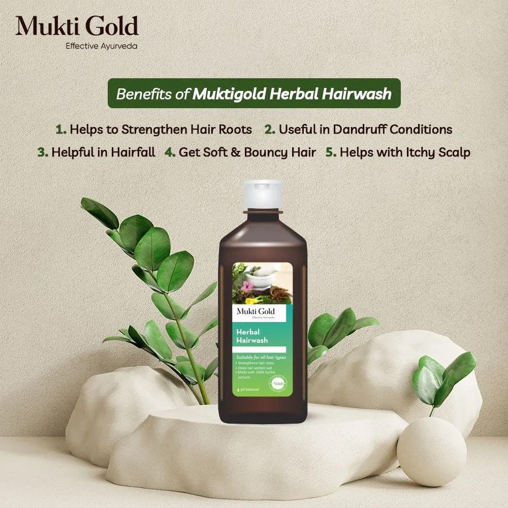Mukti gold Herbal Hairwash 400 мл семейная упаковка (набор из 3 шт) укрепляет корни волос, не содержит соли, 100% натуральные растительные экстракты, сертифицировано WHO-GLP, GMP, ISO 333 мл (3 шт.) Axiom, Gold — фото 3