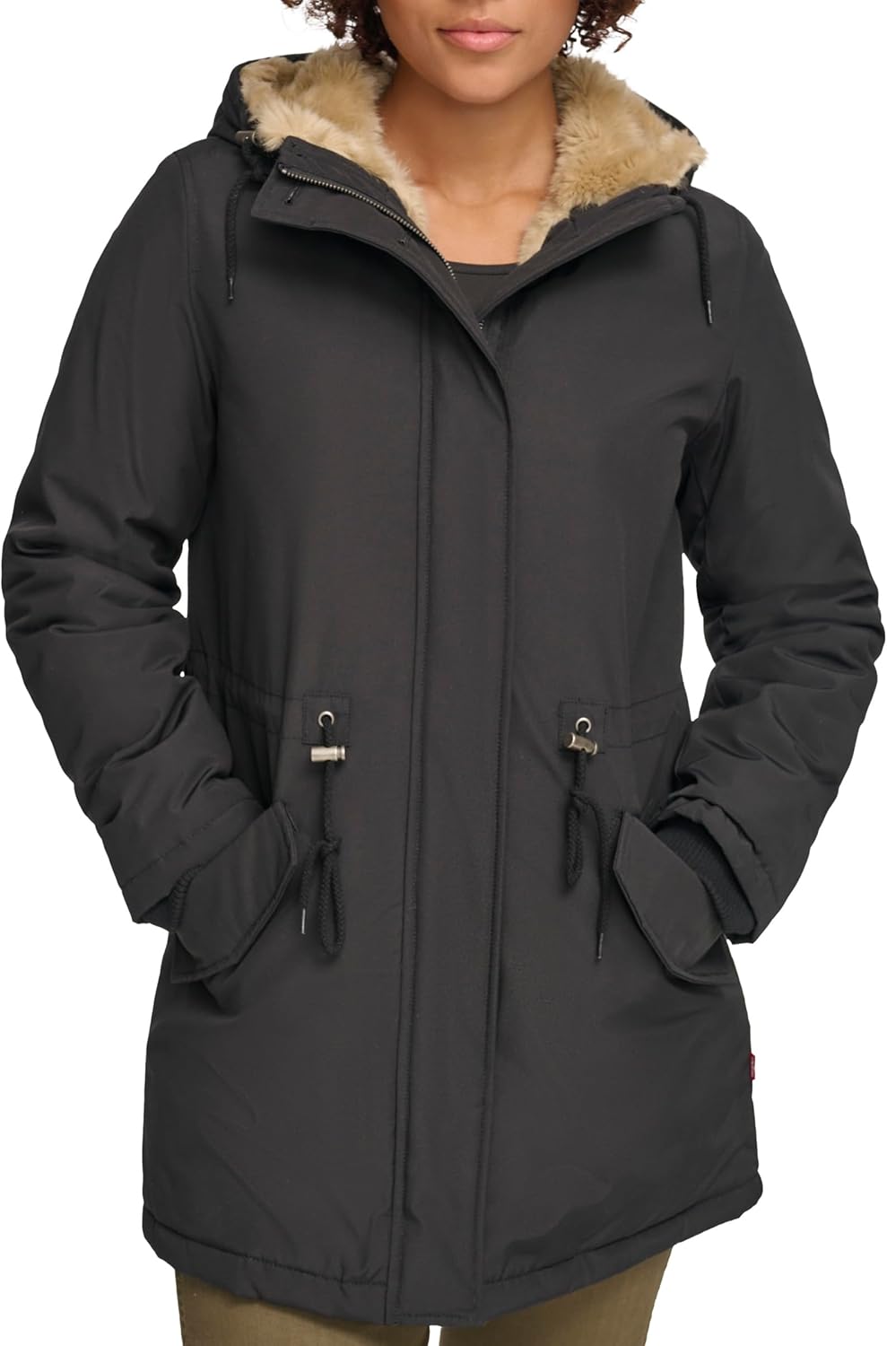 

Levi's Женская парка с капюшоном на искусственном меху, Black/Tan Faux Fur
