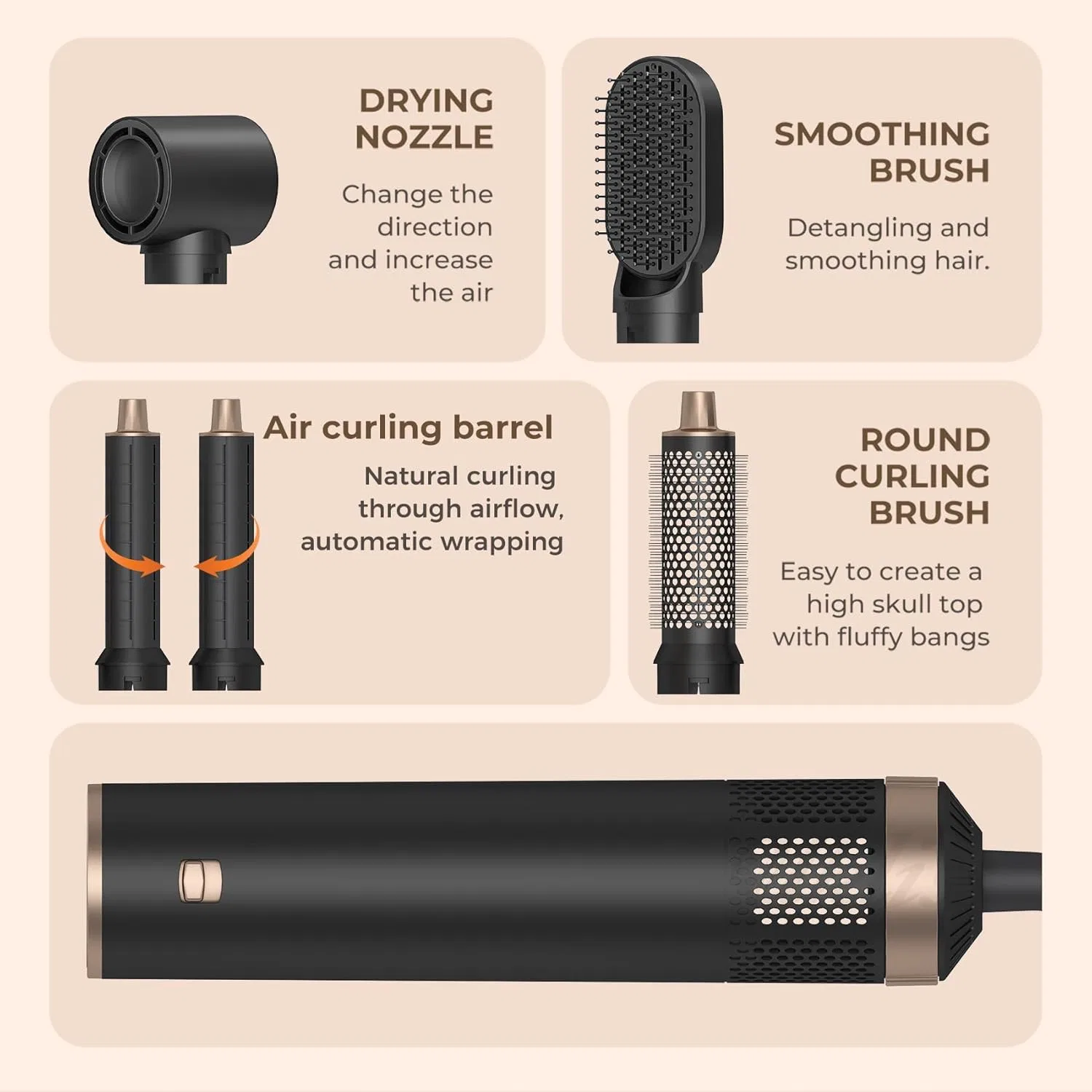 Набор для укладки волос 5 в 1 Airstyler 1000 Вт Vefacion, 5 In 1 Airstyler Black — фото 3
