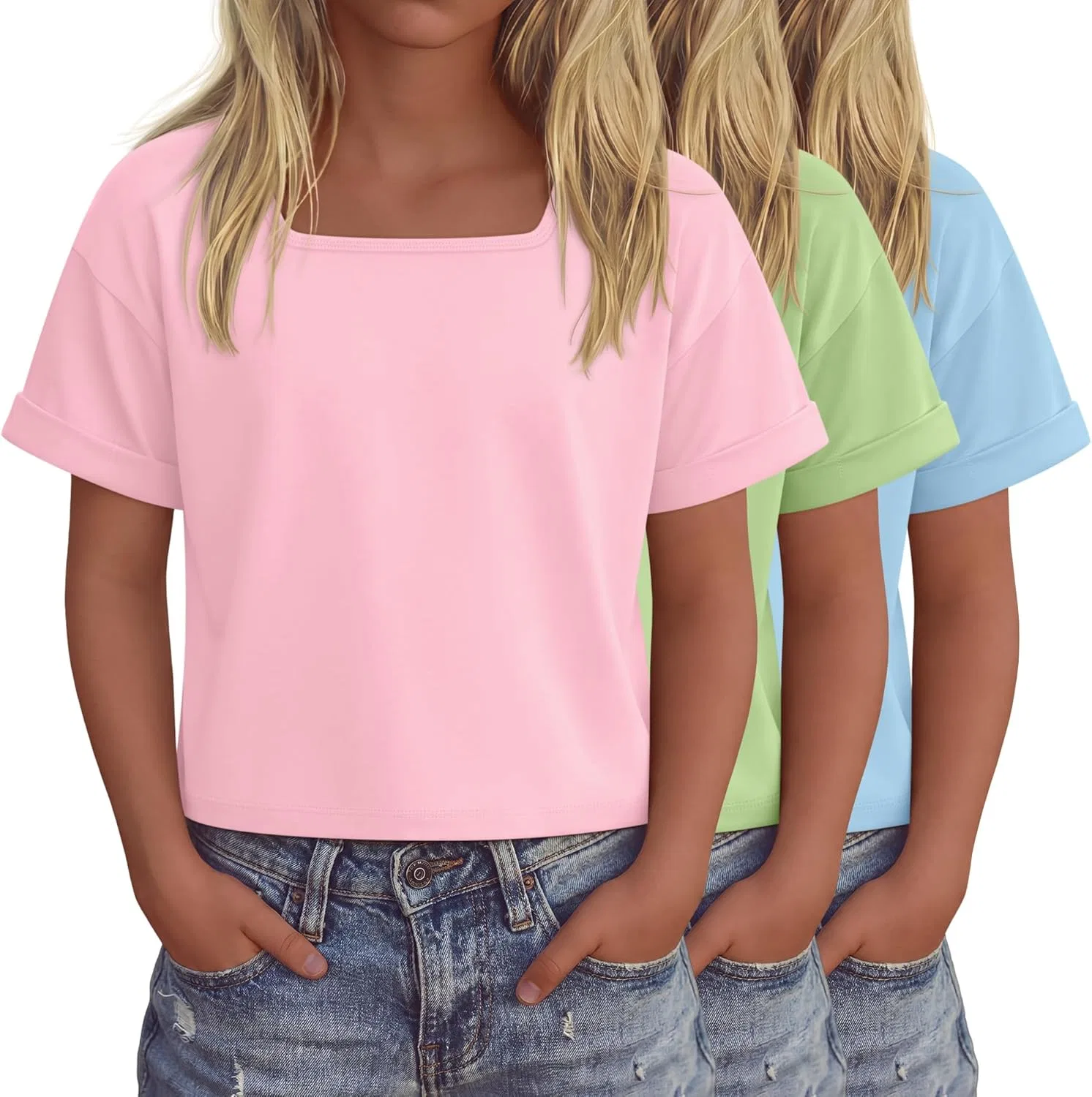 Комплект из 3 детских топов оверсайз с квадратным вырезом, LessonZoo, Light Pink, Light Green, Sky Blue