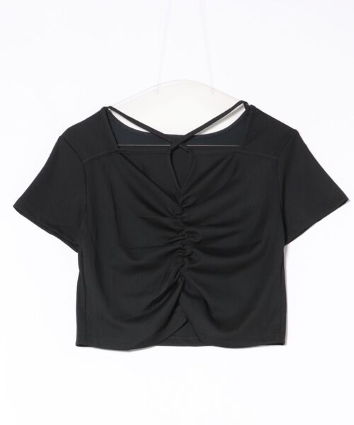 

Топ с короткими рукавами и присборенным передом на бретелях Lace Ladies, черный