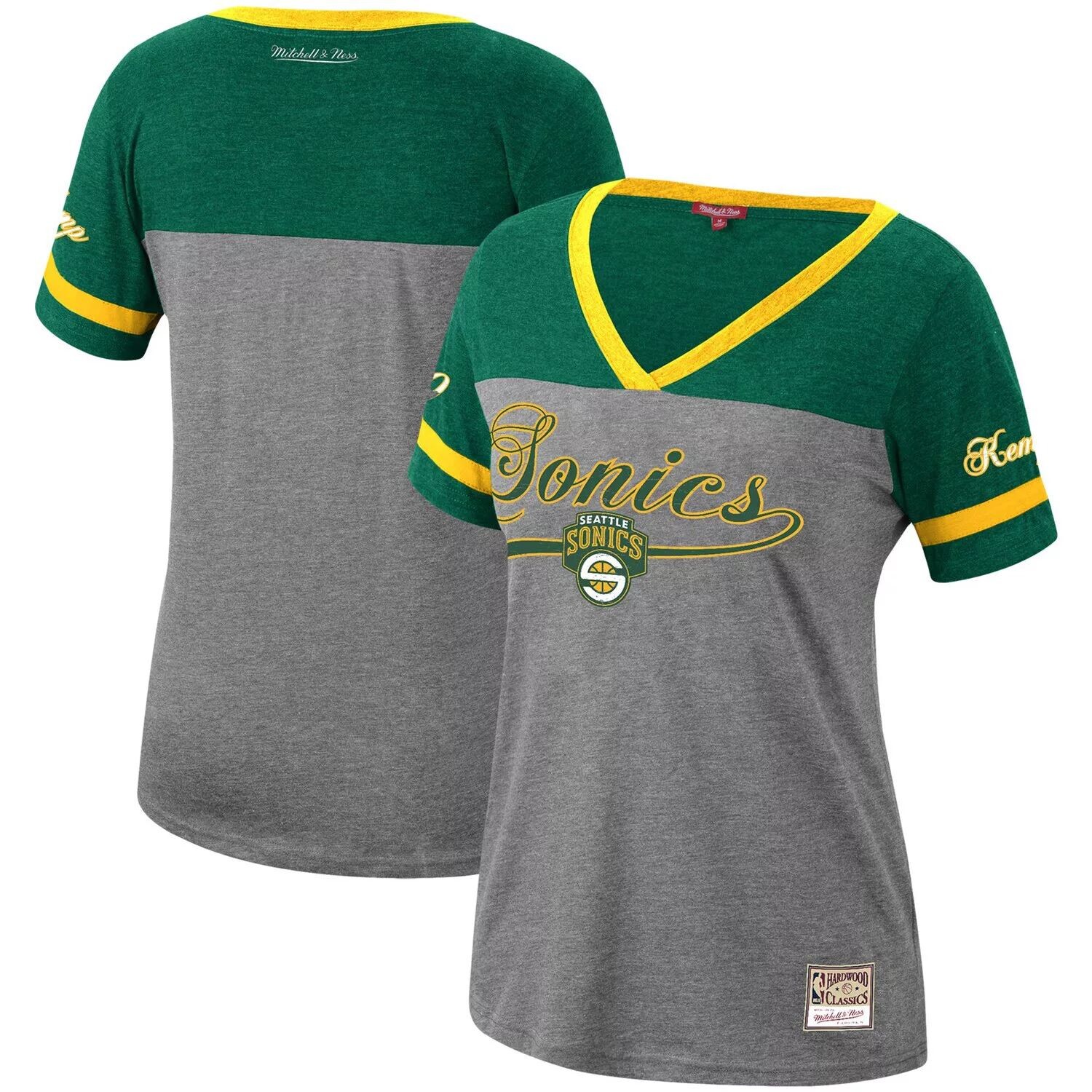 

Женская футболка Mitchell & Ness Shawn Kemp Heathered Charcoal Seattle SuperSonics Team Captain с v-образным вырезом