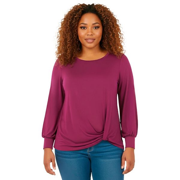 

Женский топ с круглым вырезом и узлом на подоле Plus Size Avenue, Deep Berry