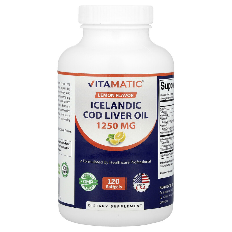 

Vitamatic, жир из печени норвежской трески, лимонный вкус, 1250 мг, 120 капсул