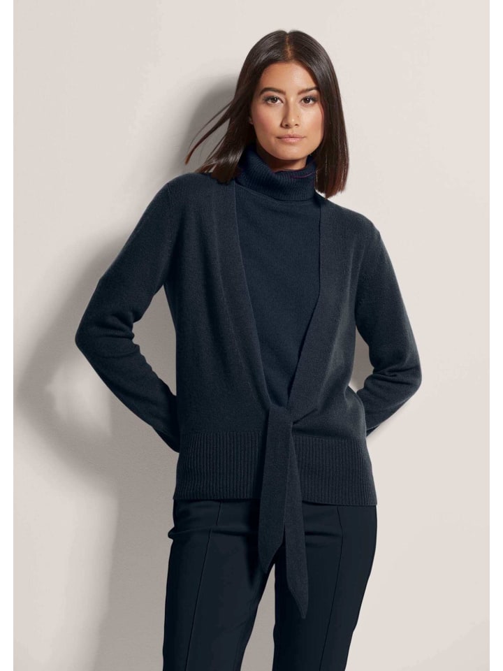 

MADELEINE Кашемировый кардиган с глубоким V-образным вырезом и поясом, темно-синего цвета