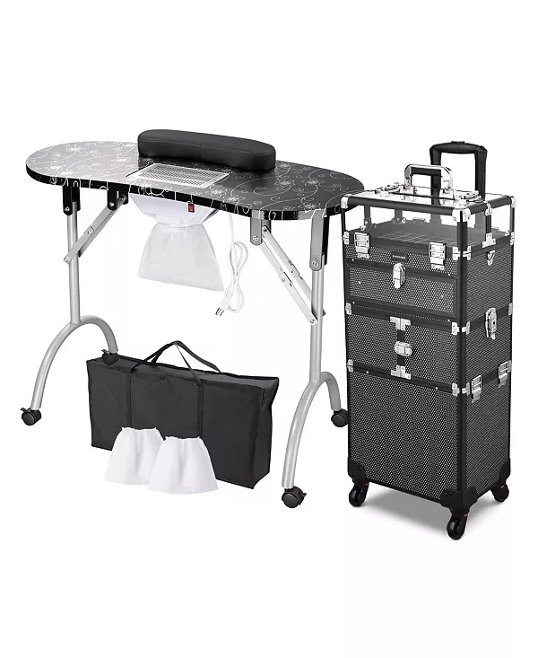 

Складной маникюрный столик 2-в-1, набор для макияжа на колесиках, дорожный органайзер для маникюра и косметики, черный Byootique, natrual