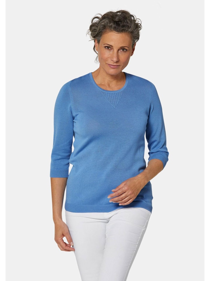 

Свитер с круглым вырезом, летний вязаный свитер с ажурным узором в джинсово-голубом цвете. GOLDNER