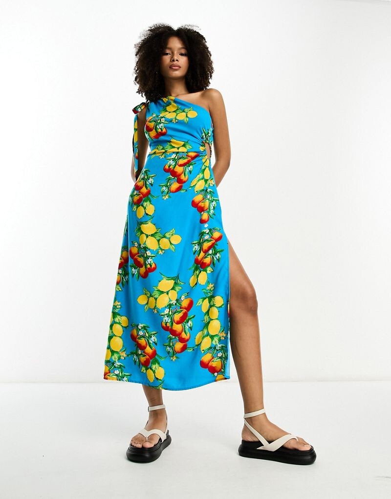 

Синее платье миди с вырезом на одно плечо ASOS DESIGN