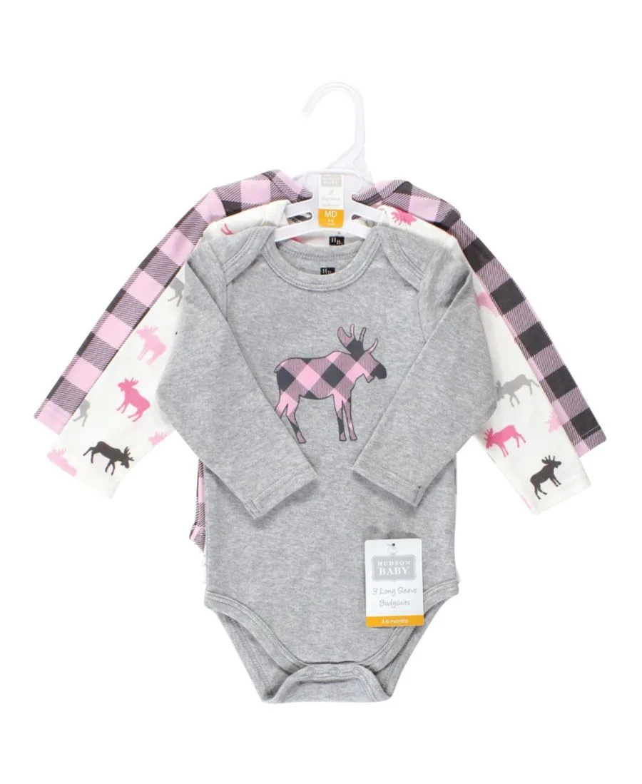 Комплект из 3 хлопковых боди с длинными рукавами Hudson Baby, розовый moose — фото 2