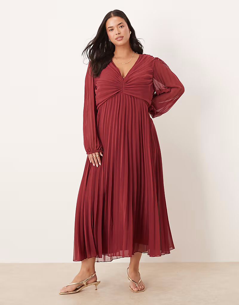 

Платье миди с глубоким вырезом и плиссировкой на лифе ASOS DESIGN цвета бордо ASOS Curve