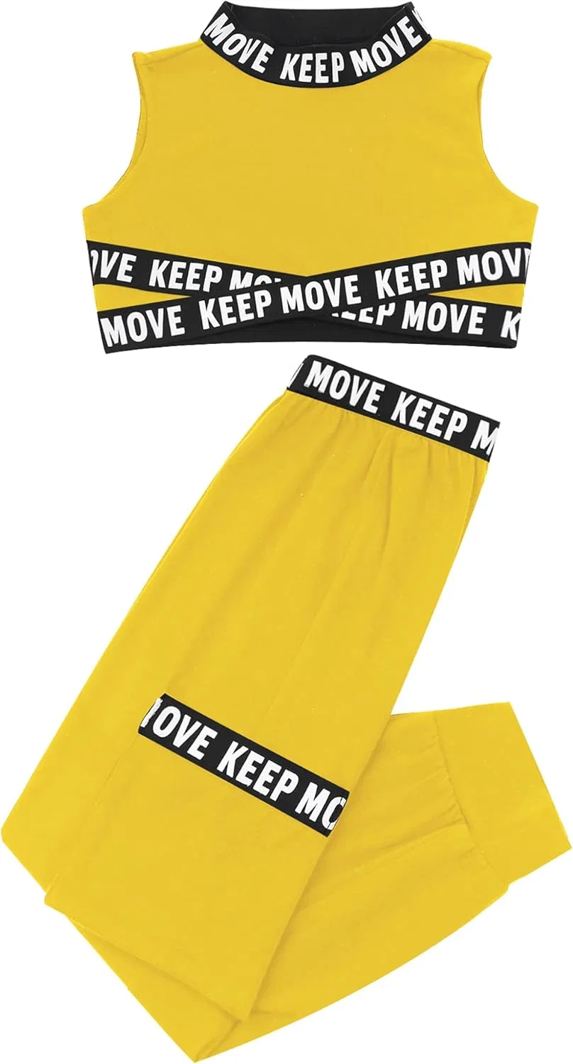 Детский спортивный костюм с принтом Keep Move, Moggemol, топ и леггинсы, Yellow Sleeveless — фото 3