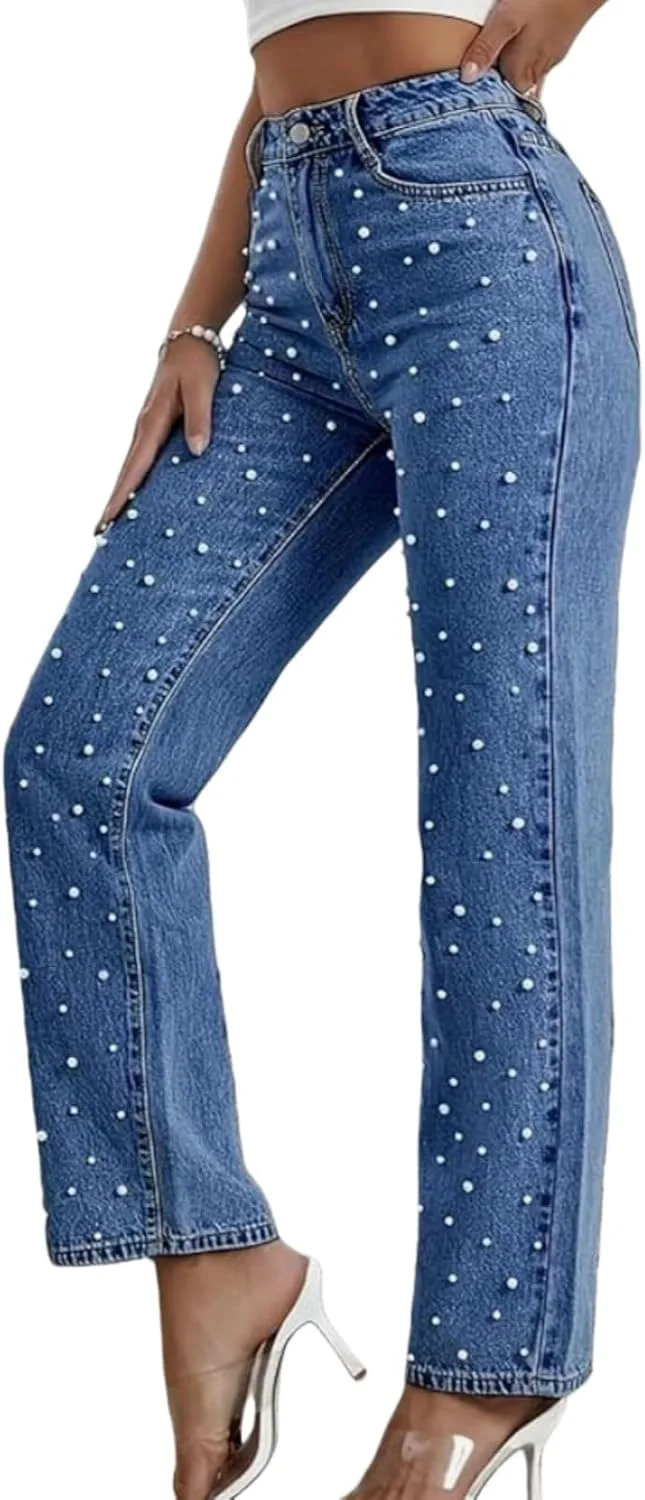 Женские джинсы Mid Waisted Wide Leg с прямым свободным кроем, потертые, с бисером