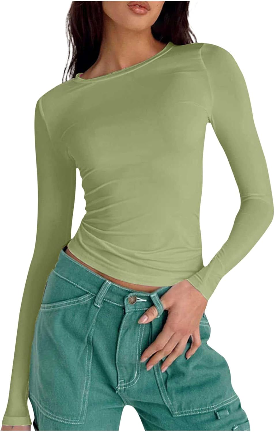 

Женские укороченные топы с длинным рукавом, повседневные базовые футболки, модные спортивные рубашки для девочек-подростков, одежда 2020 года, топы для выхода в свет Generic, A01_Green