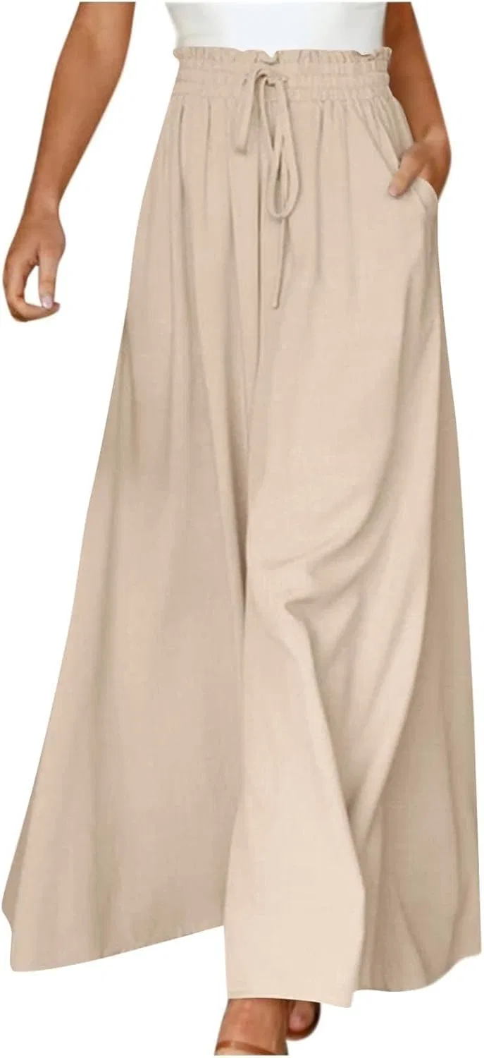 Женские брюки Flowy Pants с широкими штанинами и эластичным поясом, однотонные повседневные легкие брюки для отдыха Generic, бежевый