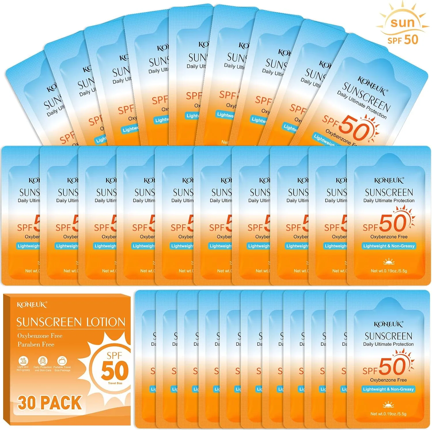 Солнцезащитный крем SPF 50 KONEUK, 30 пакетиков по 0.1 унции, для лица и тела