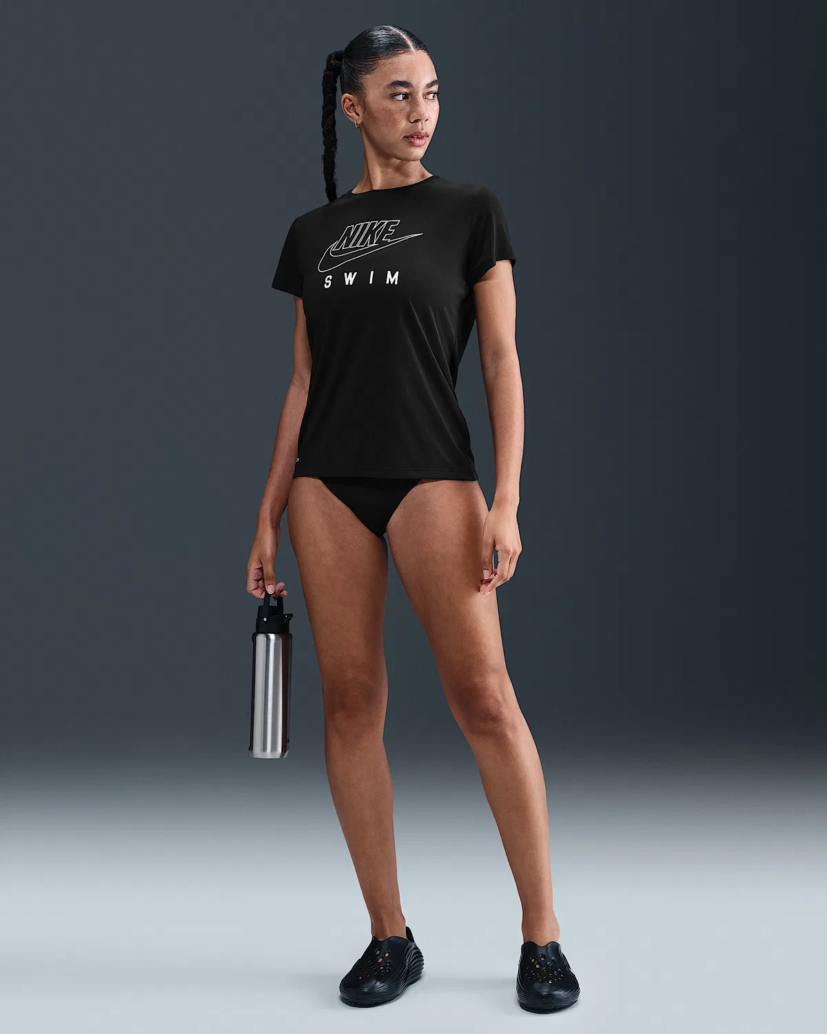 Женский топ с коротким рукавом Nike Swim Swoosh Hydroguard, Black — фото 4