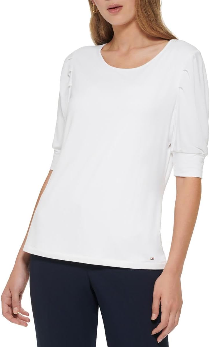 

Женский топ с рукавами до локтя и плиссированными плечами Tommy Hilfiger, Bright White
