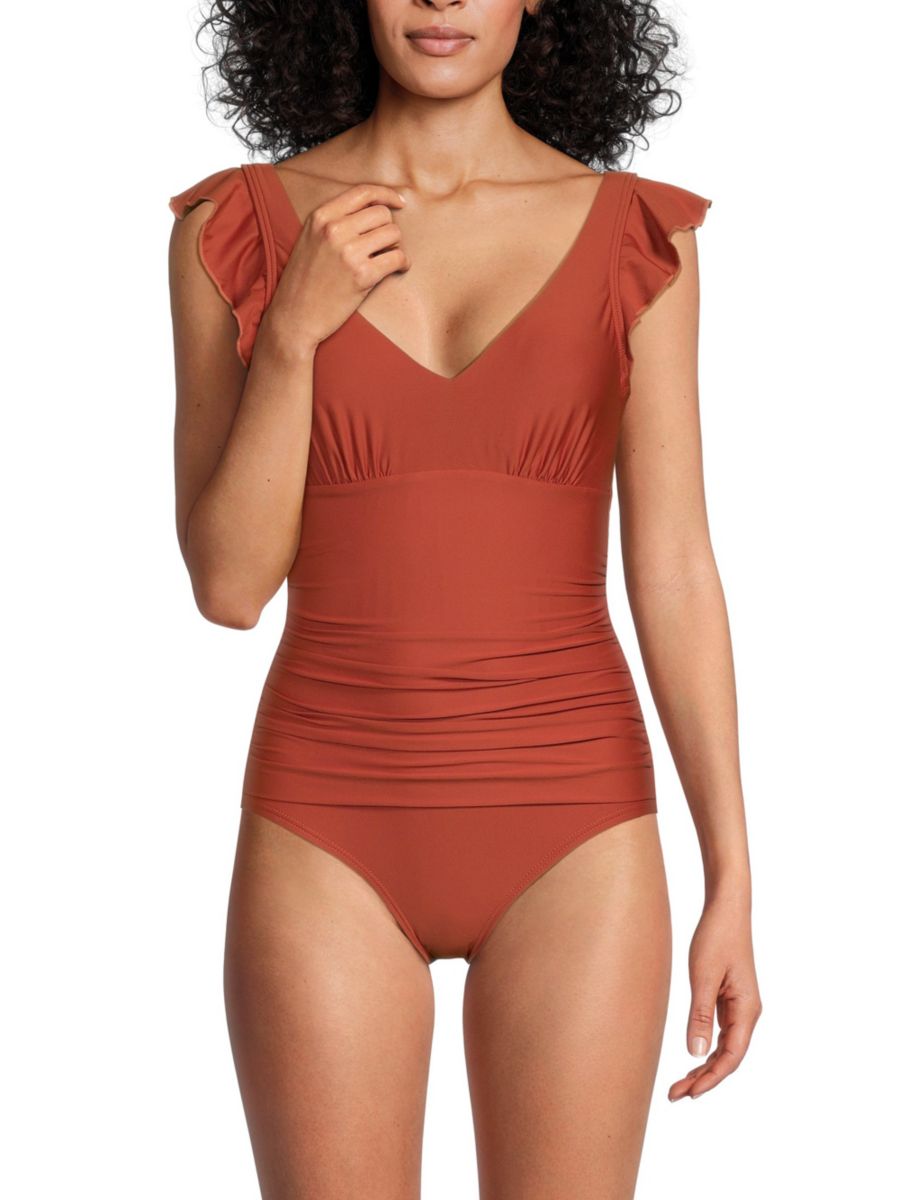 

Слитный купальник с отделкой рюшами DKNY, цвет Sunset Brown