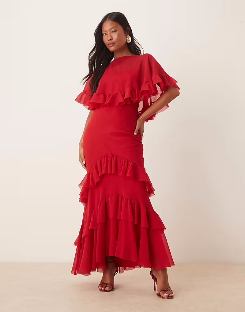 

Платье макси ASOS DESIGN Petite с накидкой и оборками красного цвета ASOS Petite
